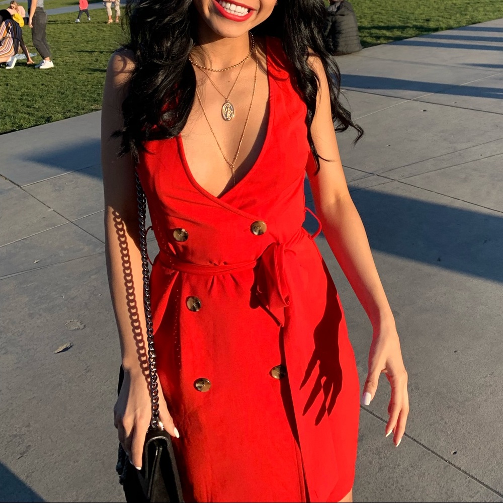 Red suit tie dress